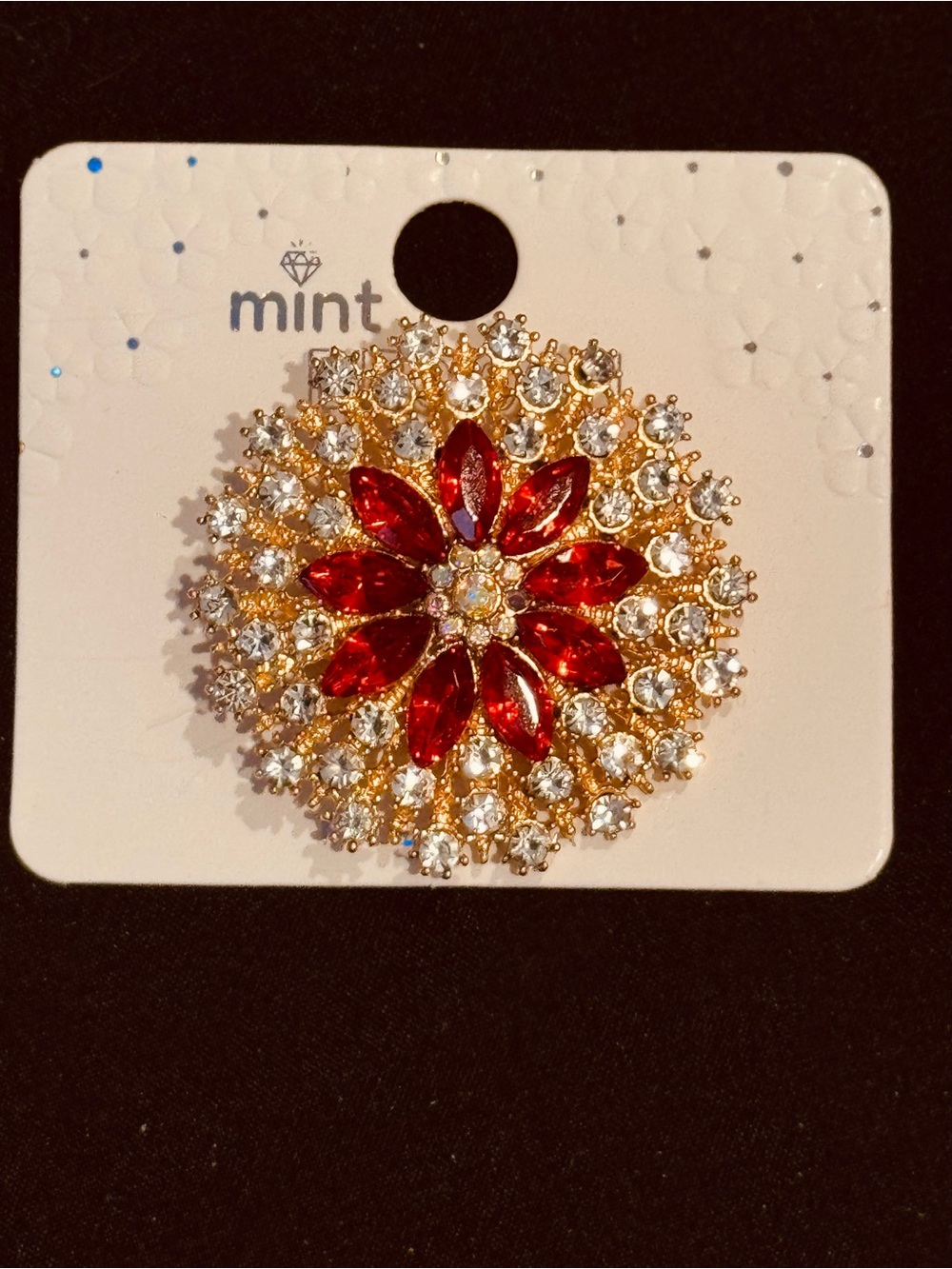Elegant Red and Crystal Flower Brooch - Gold Tone Sunburst Pin NWT